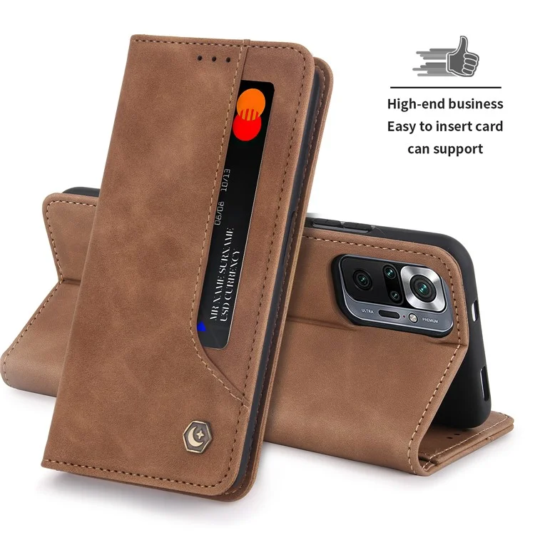 POLA 008 Serie Custodia in pelle PU retrò Custodia interna TPU Chiusura magnetica Stand Portafoglio Custodia per telefono per Xiaomi Redmi Note 10 Pro 4G (Global)/(India)/Note 10 Pro Max - Marrone 