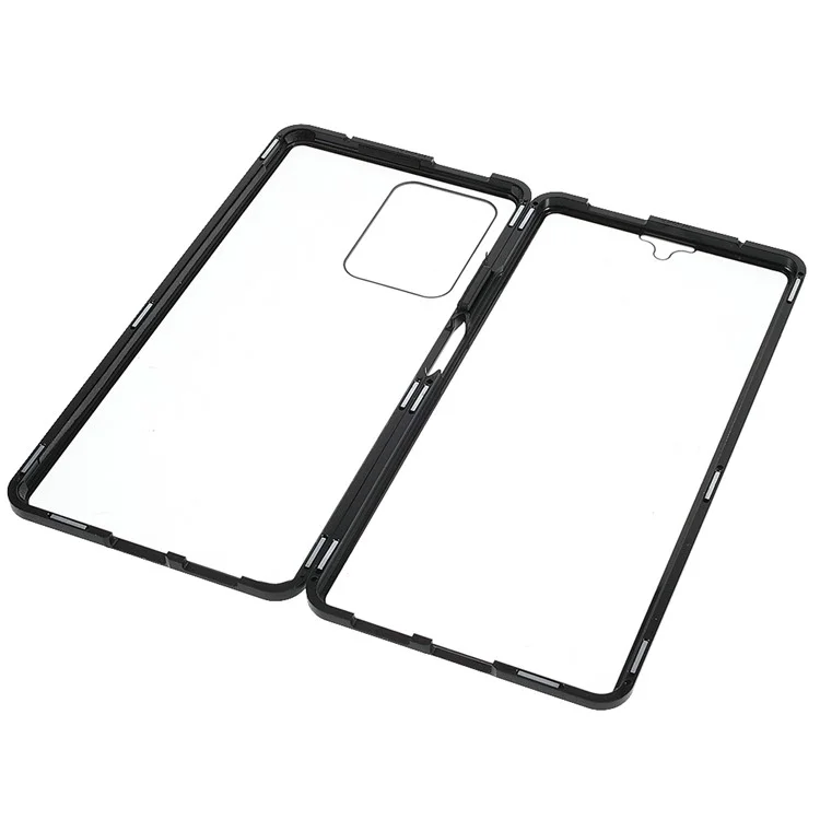 For Xiaomi 11T / 11T Pro Magnetic Closure Phone Case Metal Bumper + Double-sided Tempered Glass Cover - Black