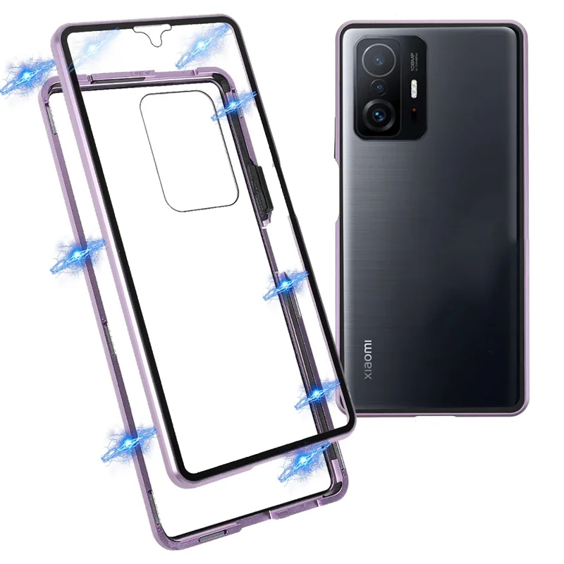 For Xiaomi 11T/11T Pro Magnetic Closure Phone Case Metal Bumper + Double-sided Tempered Glass Cover - Purple