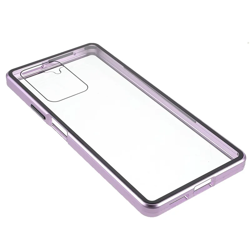 For Xiaomi 11T/11T Pro Magnetic Closure Phone Case Metal Bumper + Double-sided Tempered Glass Cover - Purple