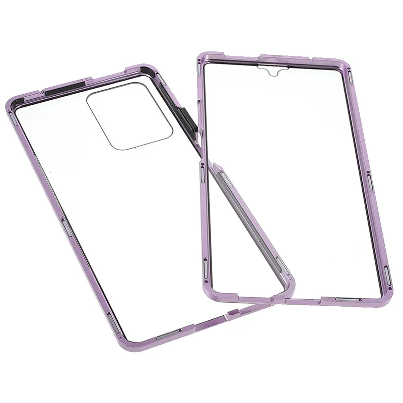 For Xiaomi 11T/11T Pro Magnetic Closure Phone Case Metal Bumper + Double-sided Tempered Glass Cover - Purple
