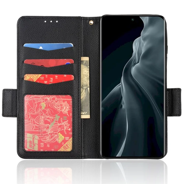 Voll geschütztes Litchi-Texture-PU-Leder-Magnetverschluss-Wallet-Case-Ständer TPU-stoßfeste Klapphülle für Xiaomi 12 5G/12X 5G/12S 5G - Schwarz