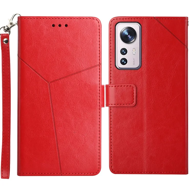 Y-Shaped Lines Imprinting PU Leather + Soft TPU Inner Shell Phone Cover with Wallet Stand for Xiaomi 12 5G/12X 5G/12S 5G - Red