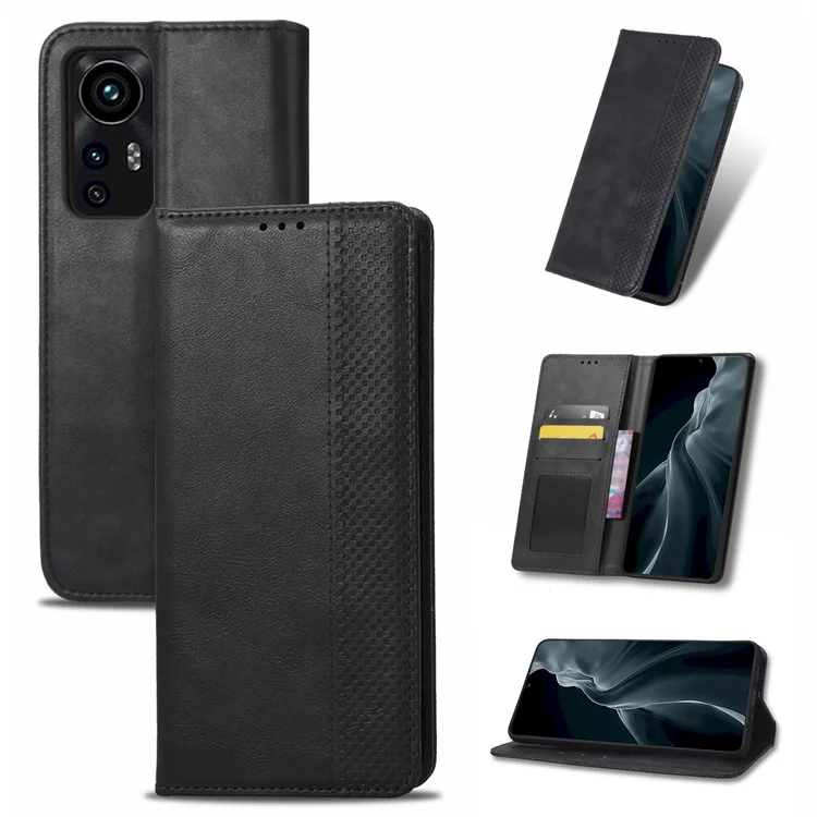 Fall Proof Retro Style Imprinted Leather Cover + TPU Inner Case Wallet Stand Phone Cover Shell for Xiaomi 12 5G/12X 5G/12S 5G - Black