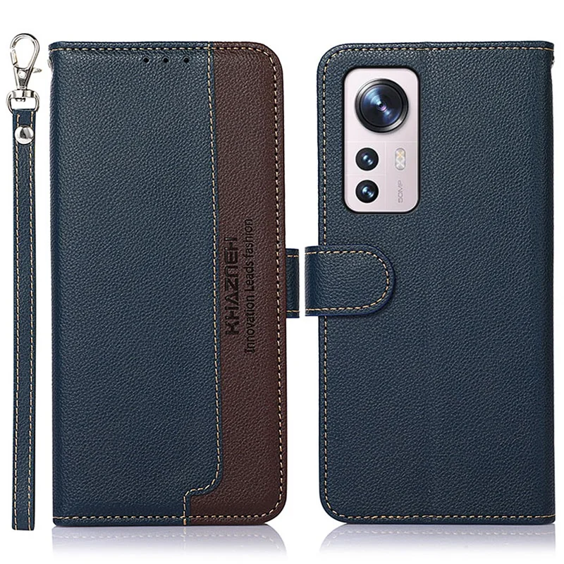 KHAZNEH RFID Blocking PU Leather Phone Case Litchi Texture Anti-drop Wallet Phone Stand Cover for Xiaomi 12 Pro 5G / 12S Pro 5G /12 Pro (Dimensity) 5G - Blue