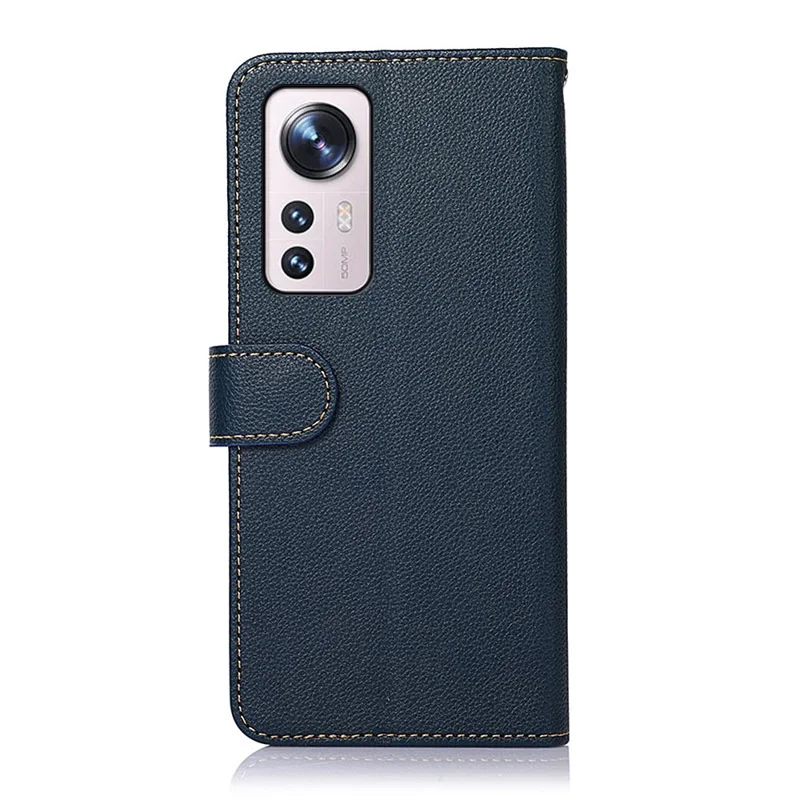 KHAZNEH RFID Blocking PU Leather Phone Case Litchi Texture Anti-drop Wallet Phone Stand Cover for Xiaomi 12 Pro 5G / 12S Pro 5G /12 Pro (Dimensity) 5G - Blue