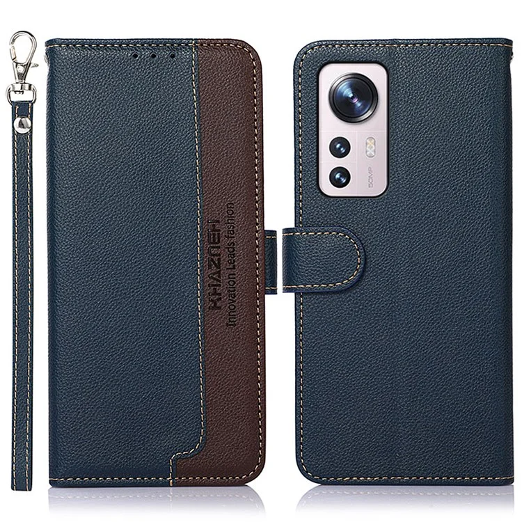 KHAZNEH for Xiaomi 12 5G/12X 5G/12S 5G RFID Blocking Anti-scratch PU Leather Phone Case Litchi Texture Wallet Phone Stand Cover - Blue