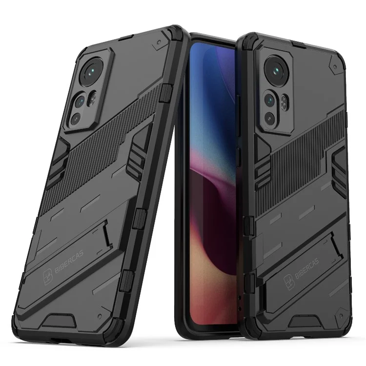Diseño oculto de la pata de caballete Protección anti-caídas Funda de teléfono híbrida TPU + PC para Xiaomi 12 5G/12X 5G/12S 5G - Negro