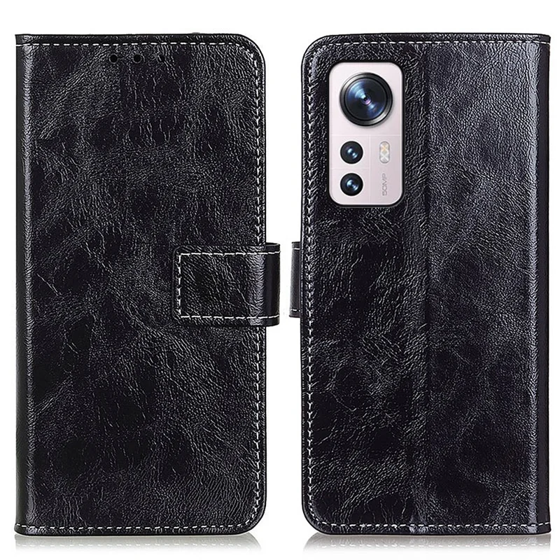 Crazy Horse Texture Retro Style PU Leather Anti-fall Phone Case Stand Wallet Cover for Xiaomi 12 Pro 5G / 12S Pro 5G /12 Pro (Dimensity) 5G - Nero
