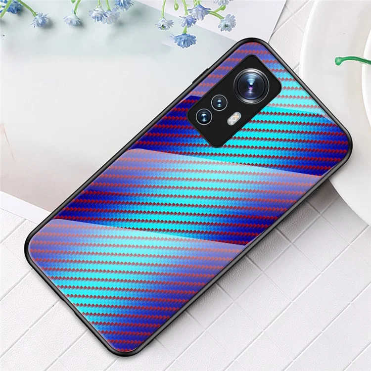 For Xiaomi 12 5G/12X 5G/12S 5G Scratch-Resistant Carbon Fiber Texture Tempered Glass + PC Protective Cover Soft TPU Frame Shock Absorption Phone Case - Blue Fiber