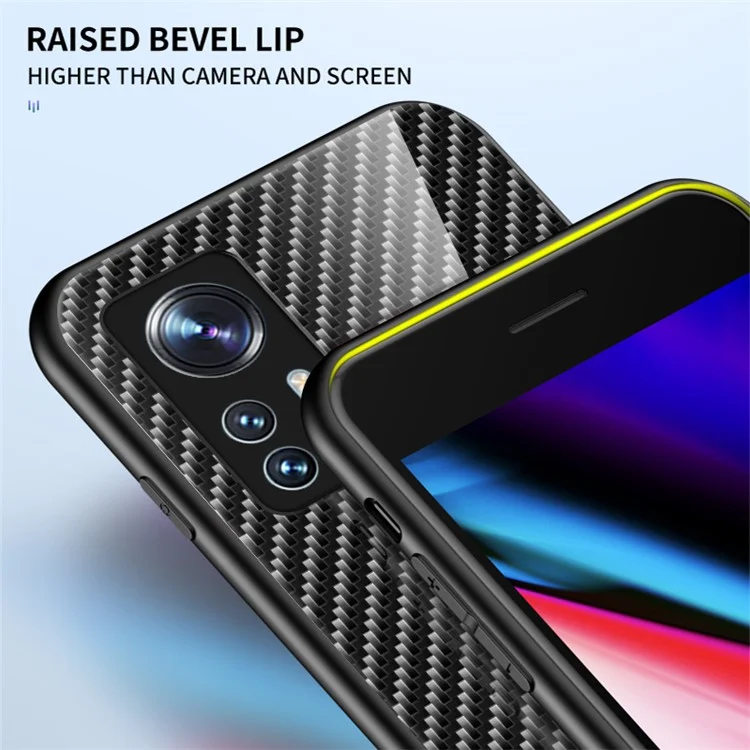 For Xiaomi 12 5G/12X 5G/12S 5G Scratch-Resistant Carbon Fiber Texture Tempered Glass + PC Protective Cover Soft TPU Frame Shock Absorption Phone Case - Blue Fiber