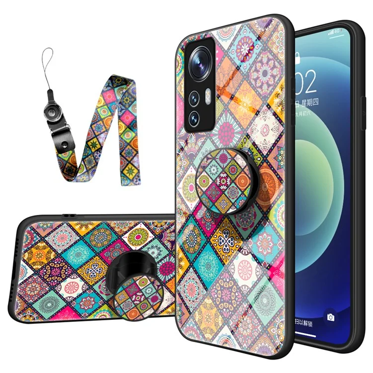 For Xiaomi 12 5G/12X 5G/12S 5G Car Mount Kickstand Pattern Tempered Glass + PC Back + Soft TPU Phone Case with Lanyard - Checkered Pattern