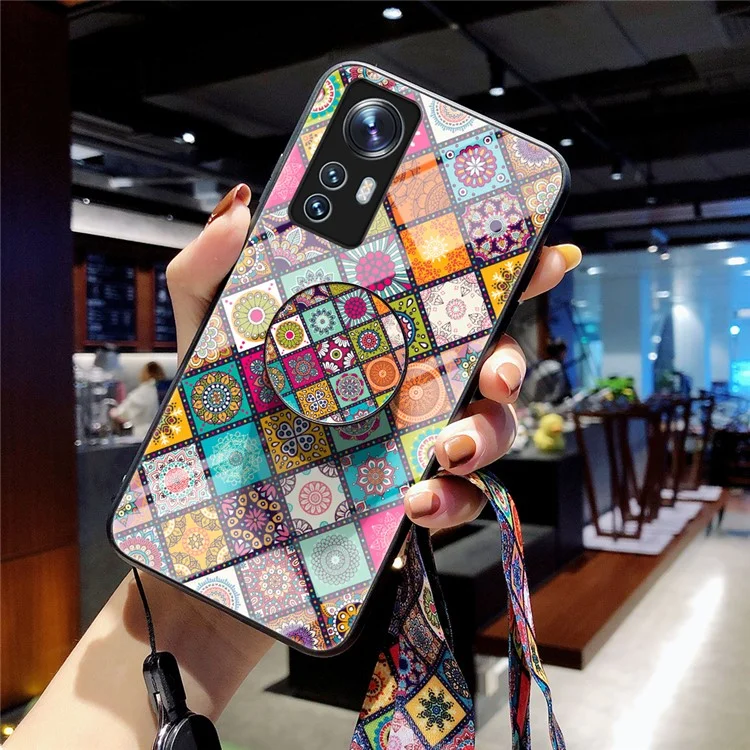 For Xiaomi 12 5G/12X 5G/12S 5G Car Mount Kickstand Pattern Tempered Glass + PC Back + Soft TPU Phone Case with Lanyard - Checkered Pattern