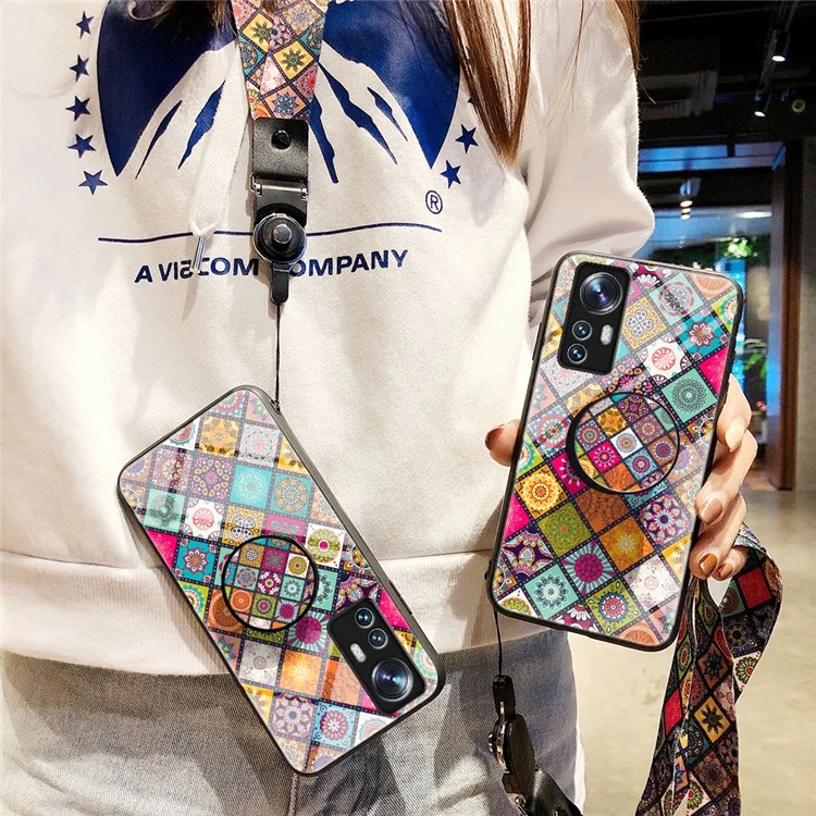 For Xiaomi 12 5G/12X 5G/12S 5G Car Mount Kickstand Pattern Tempered Glass + PC Back + Soft TPU Phone Case with Lanyard - Checkered Pattern