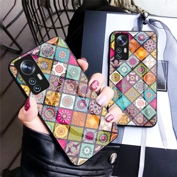 For Xiaomi 12 5G/12X 5G/12S 5G Car Mount Kickstand Pattern Tempered Glass + PC Back + Soft TPU Phone Case with Lanyard - Checkered Pattern