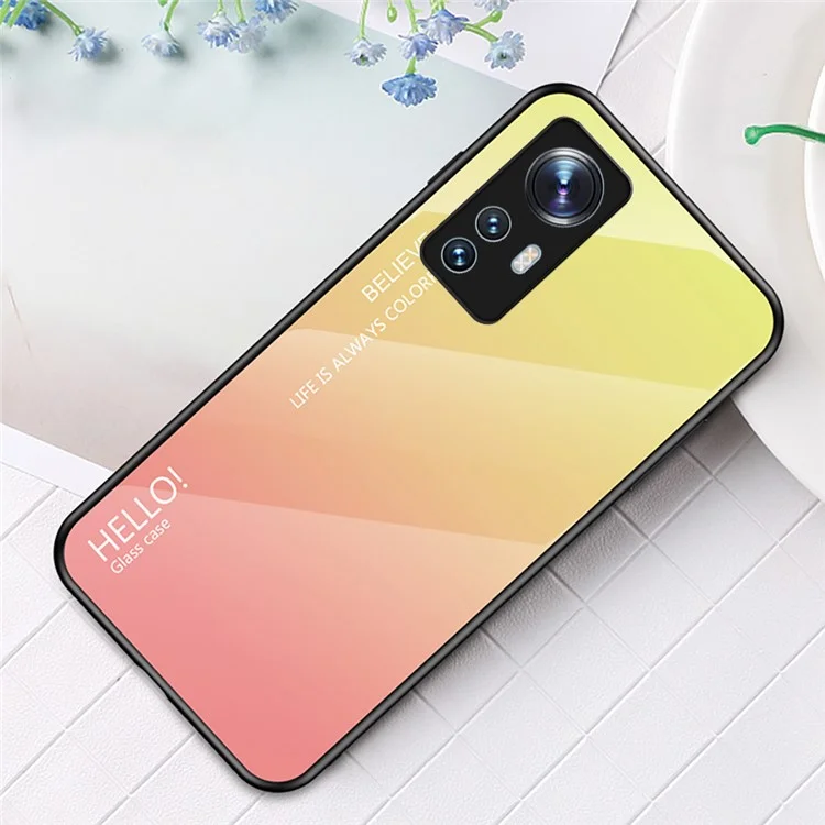 Für Xiaomi 12 5G/12X 5G/12S 5G Stylischer Gehärtetes Glas + PC-Rückseite + TPU-Stoßschutz Schutzabdeckung Farbverläufe Design Schlagfester Kratzschutz Handyhülle - Farbverlauf Gelb