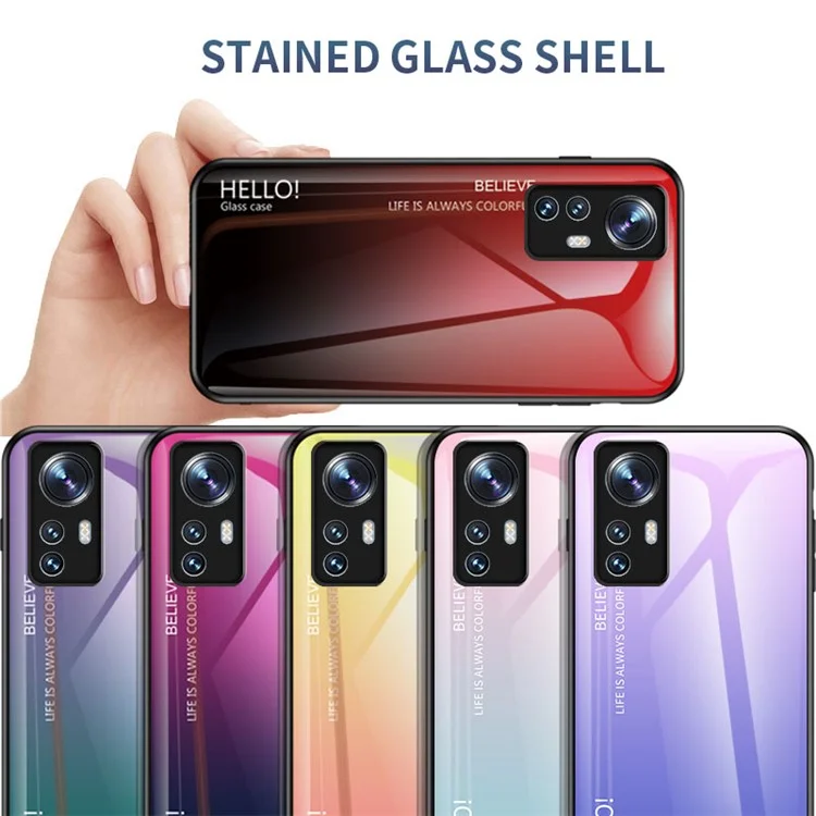 Für Xiaomi 12 5G/12X 5G/12S 5G Stylischer Gehärtetes Glas + PC-Rückseite + TPU-Stoßschutz Schutzabdeckung Farbverläufe Design Schlagfester Kratzschutz Handyhülle - Farbverlauf Gelb