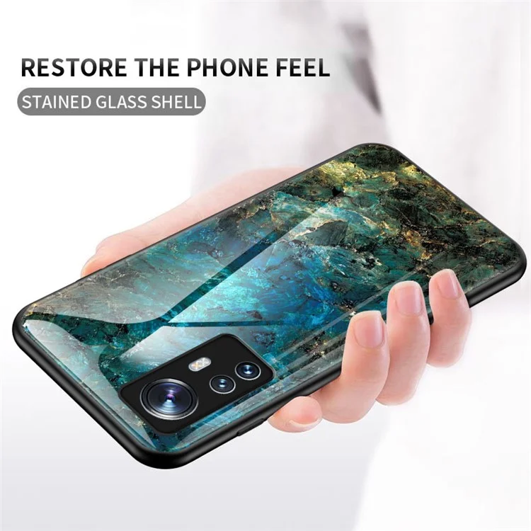 Per Xiaomi 12 5G/12X 5G/12S 5G Marble Pattern Shockproof TPU Bumper Tempered Glass + PC Back Cover Well-protected Phone Case - Black Marble