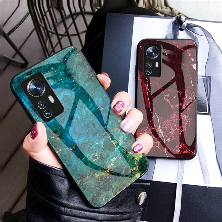 Per Xiaomi 12 5G/12X 5G/12S 5G Marble Pattern Shockproof TPU Bumper Tempered Glass + PC Back Cover Well-protected Phone Case - Black Marble