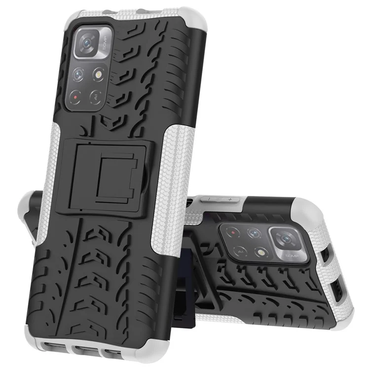 Für Xiaomi Redmi Anmerkung 11 5G (China) (mediatek)/anmerkung 11s 5G/Note 11T 5G Reifen Textur Schocksicherer Hartpc + Soft TPU -schutzabdeckung Mit Kickstand - Weiß