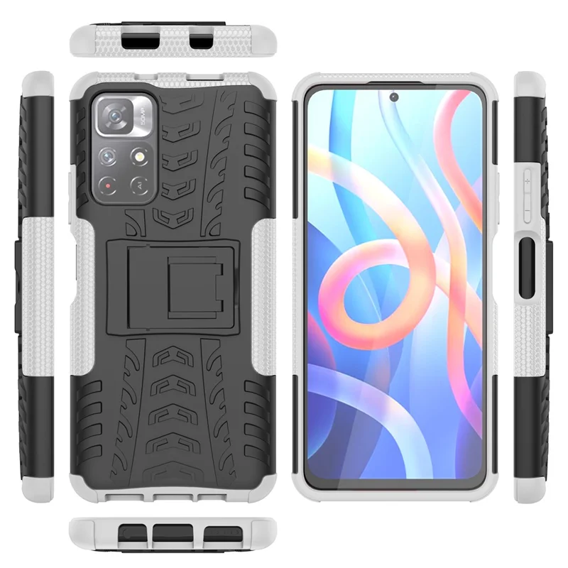 Für Xiaomi Redmi Anmerkung 11 5G (China) (mediatek)/anmerkung 11s 5G/Note 11T 5G Reifen Textur Schocksicherer Hartpc + Soft TPU -schutzabdeckung Mit Kickstand - Weiß