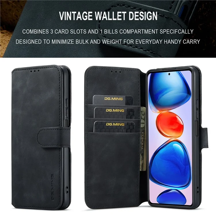 DG.MING per Xiaomi Redmi Note 11 Pro 5G (Cina) (MediaTek)/11 Pro+ 5G Retro Style Magnetic Closure Shockproof PU Leather Wallet Phone Case with Stand - Nero