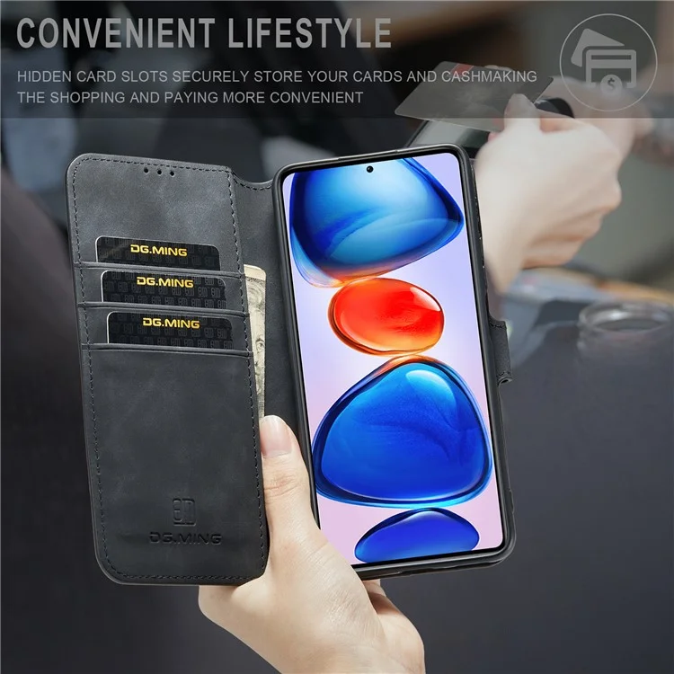 DG.MING per Xiaomi Redmi Note 11 Pro 5G (Cina) (MediaTek)/11 Pro+ 5G Retro Style Magnetic Closure Shockproof PU Leather Wallet Phone Case with Stand - Nero
