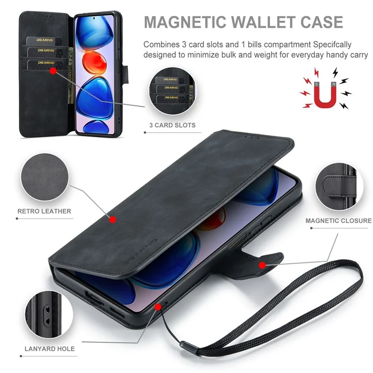 DG.MING per Xiaomi Redmi Note 11 Pro 5G (Cina) (MediaTek)/11 Pro+ 5G Retro Style Magnetic Closure Shockproof PU Leather Wallet Phone Case with Stand - Nero