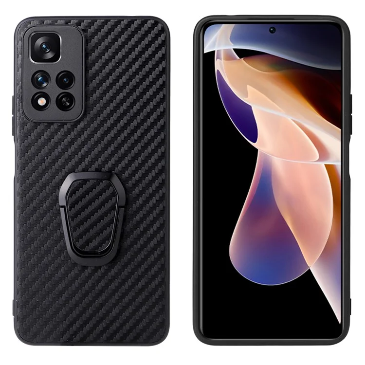 Pour Xiaomi Redmi Note 11 Pro 5G (chine) (mediatek) / Note 11 Pro + 5G Rotary Kickstand PU Cuir Enduit TPU + PC Hybride Hybrid Cover Shell One-Hand Holding Design - Texture en Fibre de Carbone