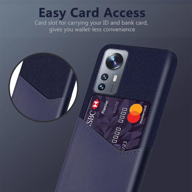 For Xiaomi 12 5G/12X 5G/12S 5G Card Holder Anti-drop Phone Cover Cloth + PC + PU Leather Hybrid Case - Blue