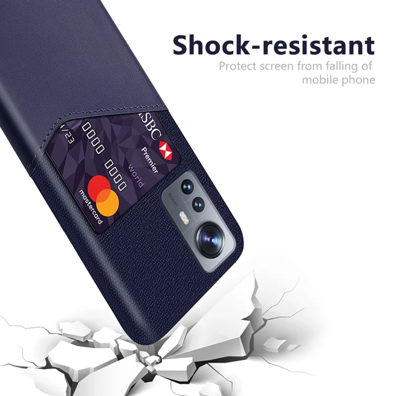 For Xiaomi 12 5G/12X 5G/12S 5G Card Holder Anti-drop Phone Cover Cloth + PC + PU Leather Hybrid Case - Blue