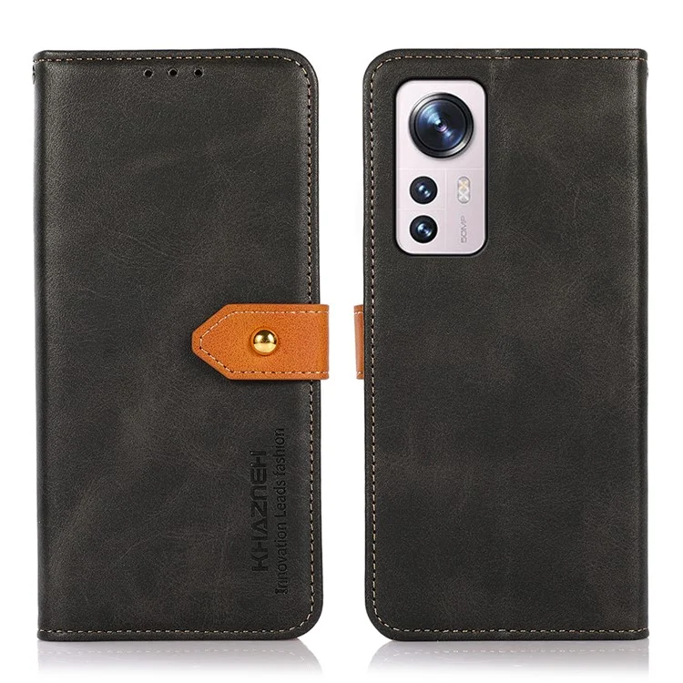 KHAZNEH Capa de Couro PU para Xiaomi 12 Pro 5G / 12S Pro 5G /12 Pro (Dimensity) 5G, Suporte de Visualização de Carteira à Prova de Choque TPU Fecho Magnético Dourado Proteção Flip Cover - Preto