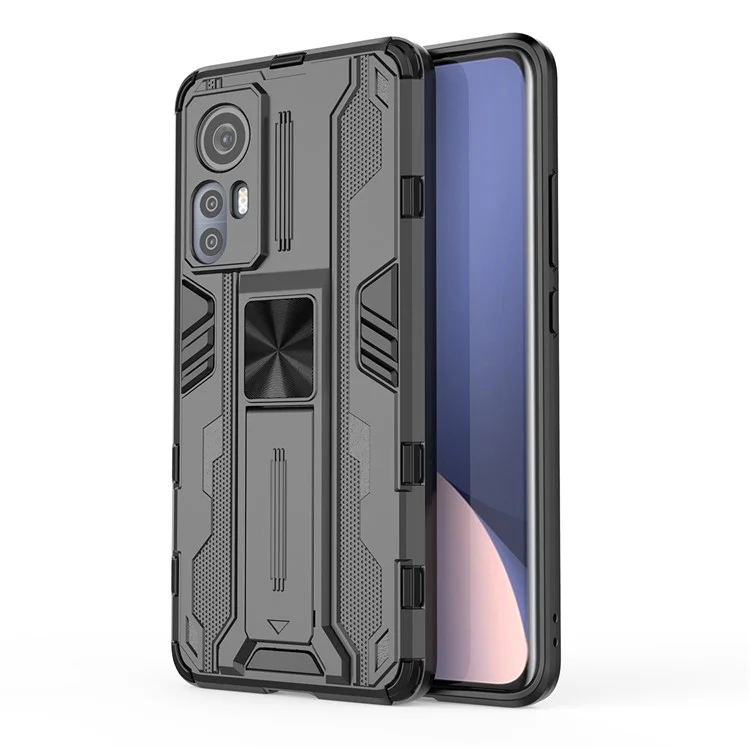 Für Xiaomi 12 5G/12X 5G/12S 5G Stoßfeste weiche TPU-Hartplastik-Handyhülle mit Ständer - Schwarz