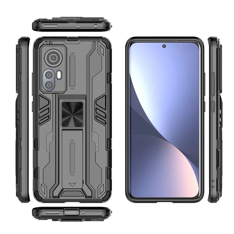 Für Xiaomi 12 5G/12X 5G/12S 5G Stoßfeste weiche TPU-Hartplastik-Handyhülle mit Ständer - Schwarz