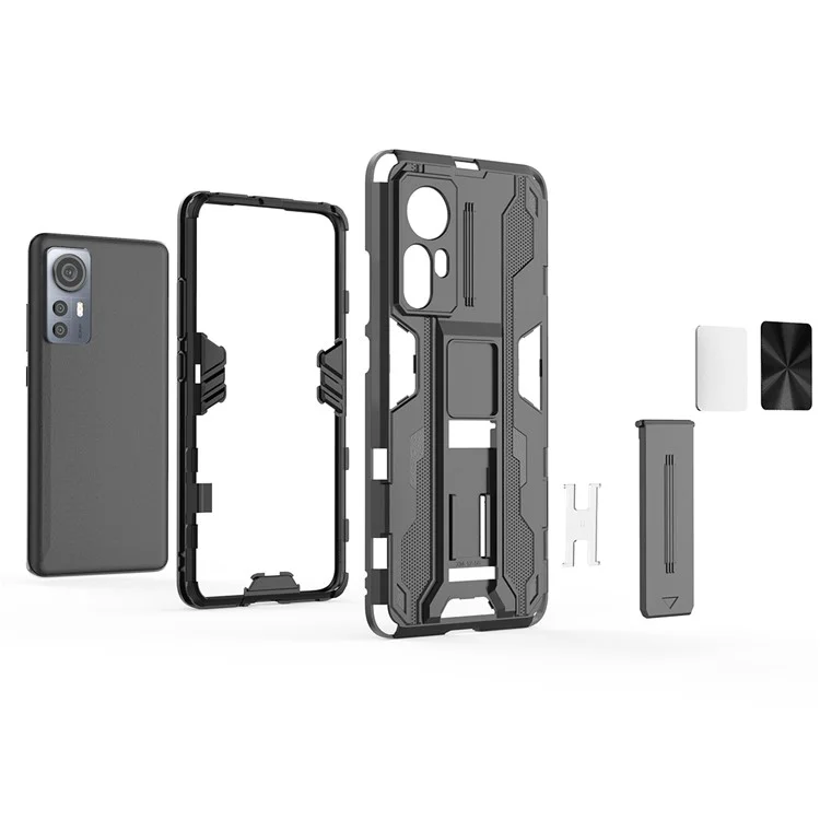 Für Xiaomi 12 5G/12X 5G/12S 5G Stoßfeste weiche TPU-Hartplastik-Handyhülle mit Ständer - Schwarz