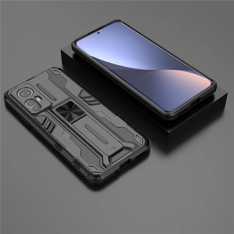 Für Xiaomi 12 5G/12X 5G/12S 5G Stoßfeste weiche TPU-Hartplastik-Handyhülle mit Ständer - Schwarz