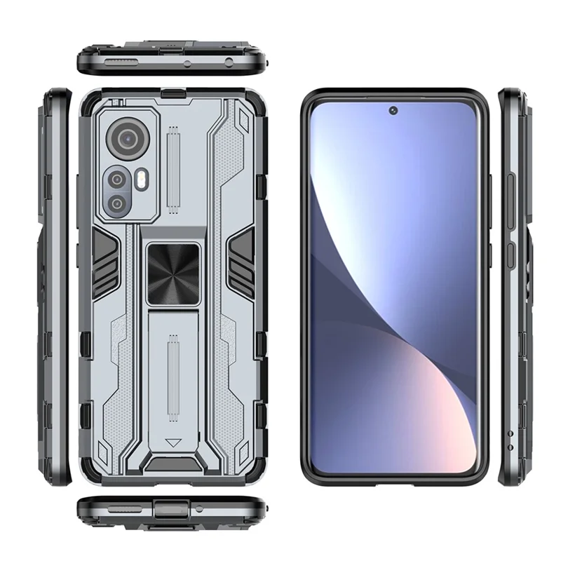 Skyddsfodral med stativ för Xiaomi 12 5G/12X 5G/12S 5G, chockabsorberande mjuk TPU och hård PC, grå