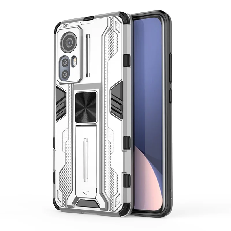 For Xiaomi 12 5G/12X 5G/12S 5G Shockproof Soft TPU Hard PC Mobile Phone Case Shell with Kickstand - Silver