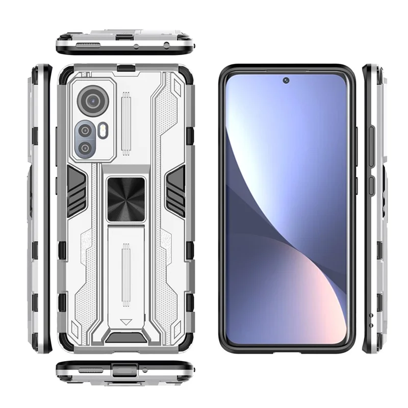 For Xiaomi 12 5G/12X 5G/12S 5G Shockproof Soft TPU Hard PC Mobile Phone Case Shell with Kickstand - Silver