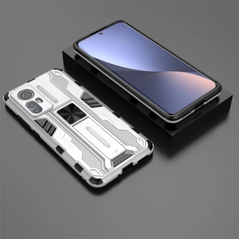 For Xiaomi 12 5G/12X 5G/12S 5G Shockproof Soft TPU Hard PC Mobile Phone Case Shell with Kickstand - Silver