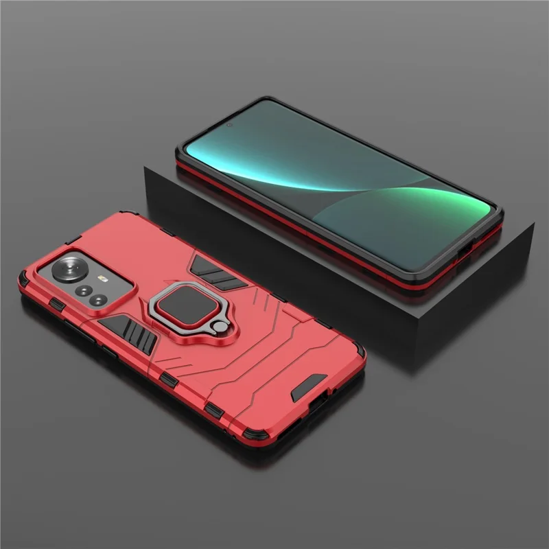 Hybrid Phone Case for Xiaomi 12 Pro 5G / 12S Pro 5G /12 Pro (Dimensity) 5G, Ring Kickstand Hard PC + Soft TPU Shock-Absorbing Phone Cover - Red