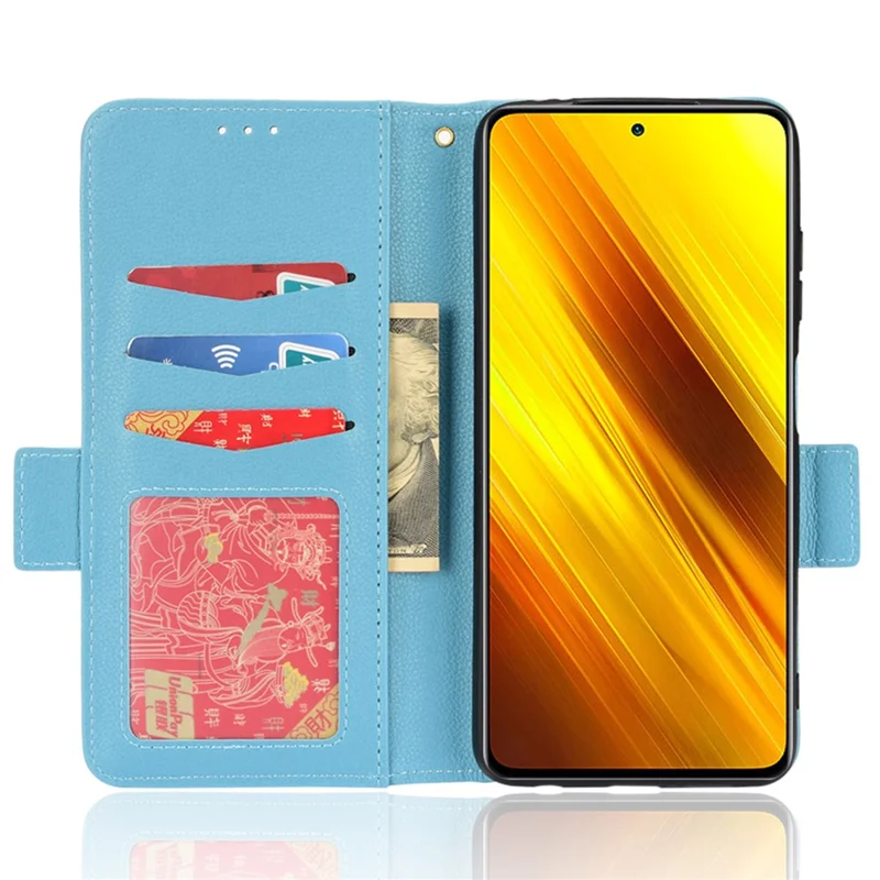 For Xiaomi Poco X3 NFC / Poco X3 / Poco X3 Pro Anti-fingerprint PU Leather Surface Magnetic Smartphone Shell Litchi Texture Stand Wallet Case Mobile Phone Cover - Baby Blue