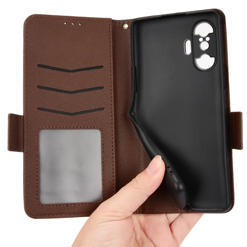 For Xiaomi Poco F3 GT / Redmi K40 Gaming Litchi Texture Wallet Case PU Leather Flip Stand Magnetic Clasp Cover - Brown