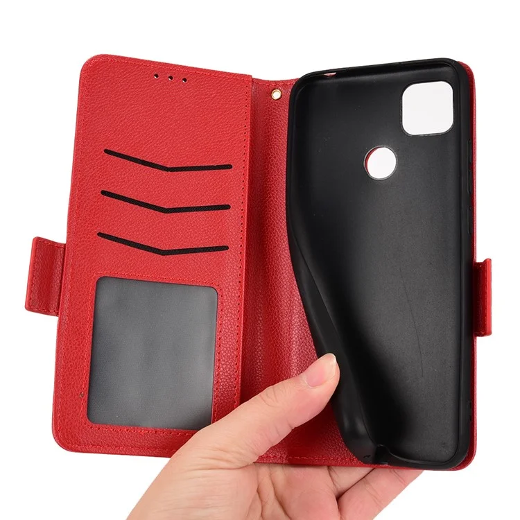 Для Xiaomi Redmi 9C / Redmi 9C NFC Anti-scratch PU Leather Surface Magnetic Smartphone Shell Litchi Texture Stand Wallet Case Mobile Phone Cover - Красный