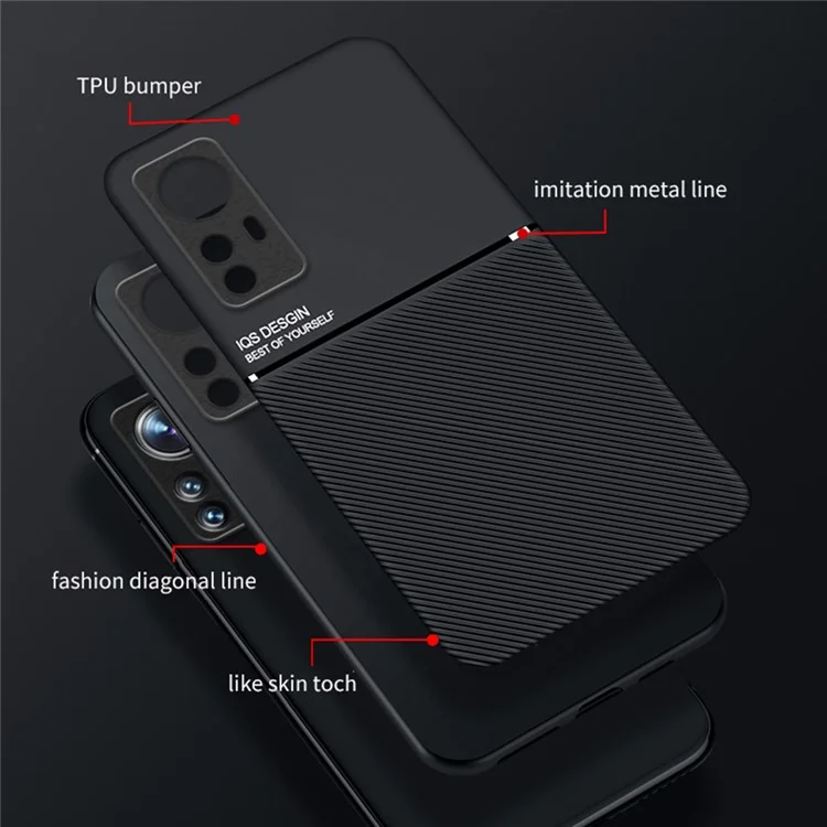 Per Xiaomi 12 5G/12X 5G/12S 5G Linee Design PU Peth Peth + TPU Copertivo di Telefono Coversione Con Floo di Mettaglio Magnetic - Nero