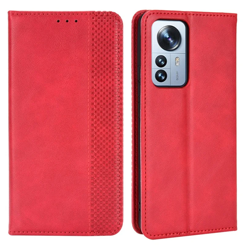 Retro Texture PU Leather Cover for Xiaomi 12 Pro 5G / 12S Pro 5G /12 Pro (Dimensity) 5G, Imprinted Mosaic Wallet Stand Flip Folio Magnetic Absorption Protective Case - Red