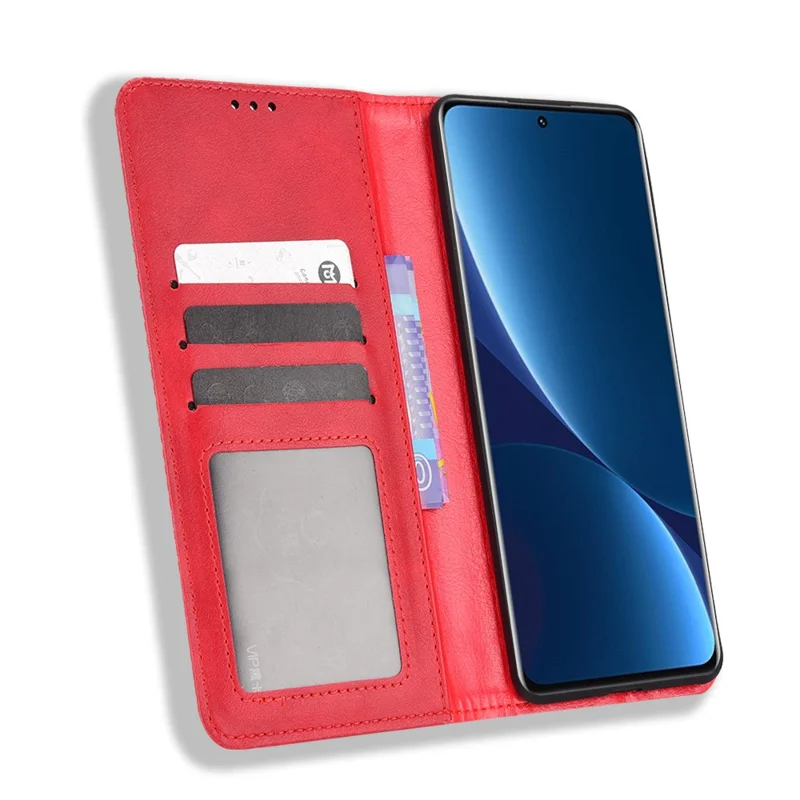 Retro Texture PU Leather Cover for Xiaomi 12 Pro 5G / 12S Pro 5G /12 Pro (Dimensity) 5G, Imprinted Mosaic Wallet Stand Flip Folio Magnetic Absorption Protective Case - Red