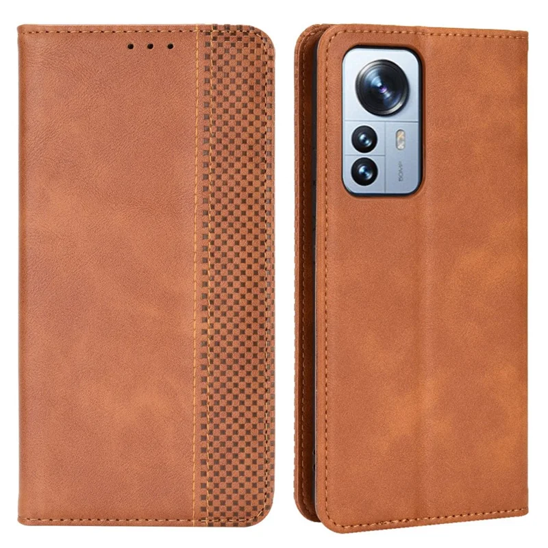 Retro Texture PU Leather Cover for Xiaomi 12 Pro 5G / 12S Pro 5G /12 Pro (Dimensity) 5G, Imprinted Mosaic Wallet Stand Flip Folio Magnetic Absorption Protective Case - Brown