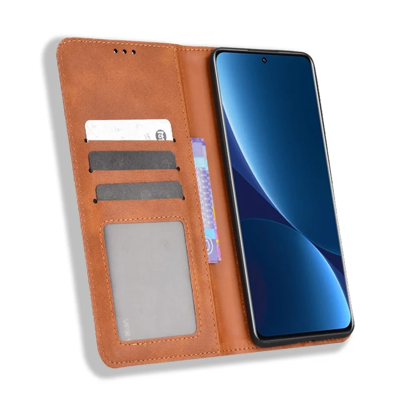 Retro Texture PU Leather Cover for Xiaomi 12 Pro 5G / 12S Pro 5G /12 Pro (Dimensity) 5G, Imprinted Mosaic Wallet Stand Flip Folio Magnetic Absorption Protective Case - Brown