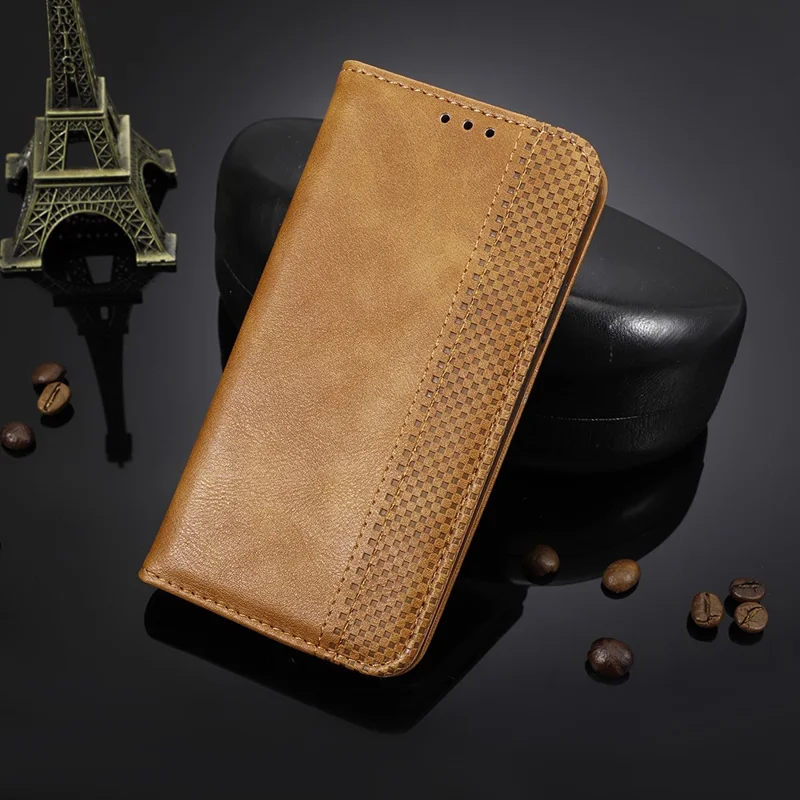 Retro Texture PU Leather Cover for Xiaomi 12 Pro 5G / 12S Pro 5G /12 Pro (Dimensity) 5G, Imprinted Mosaic Wallet Stand Flip Folio Magnetic Absorption Protective Case - Brown